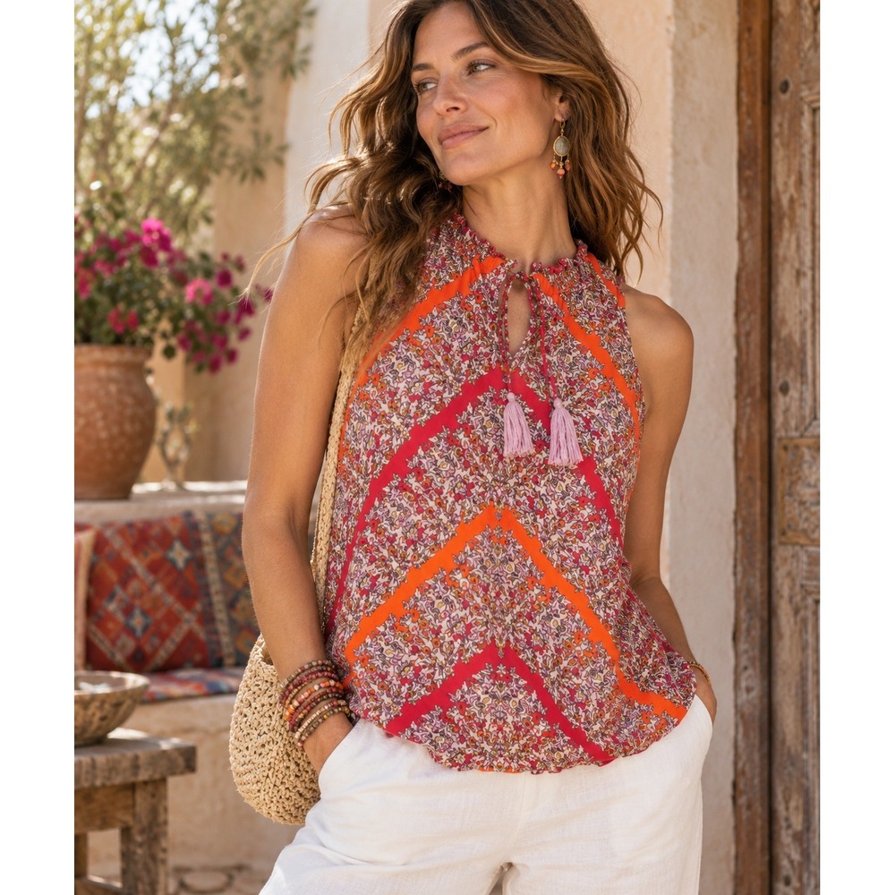 Sundance Womens XL Orange Pink Paisley Tassel Tie Neck Sleeveless Blouse Top